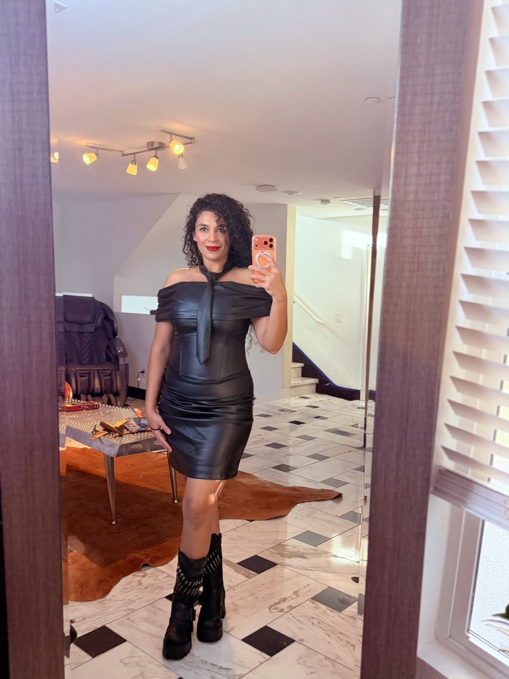 Off-Shoulder Black Faux-Leather Dress with tie